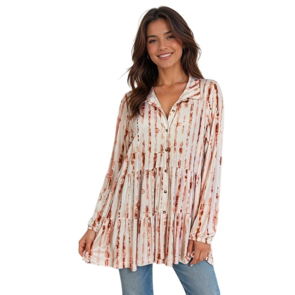 New Directions Large‎ Tie Dye Tiered Babydoll Tunic Top Rust White Long Sleeve